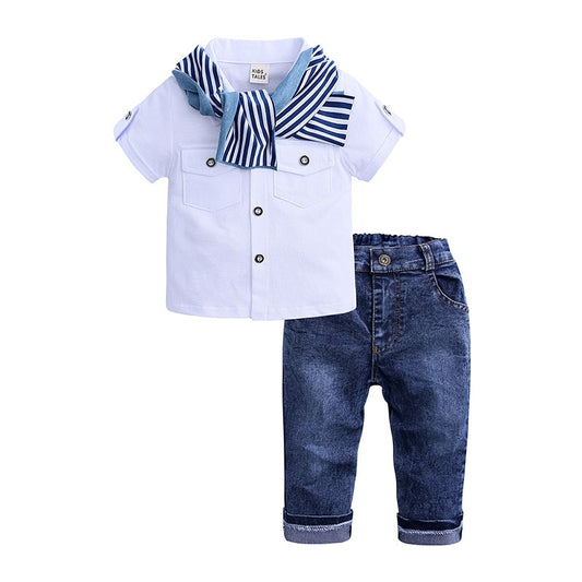 Outfit your little man in style with this Toddler Boys Short Sleeve Top plus Jeans and Scarf 3PC Set.