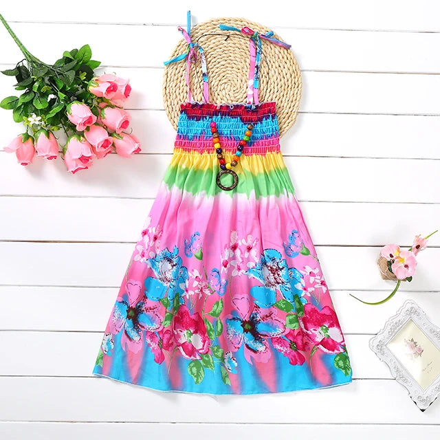 Dress up your little one in this playful Summer Girls Floral Sling Ruffles Bohemian Dress with Necklace-with a touch of quirky ruffles and a matching necklace