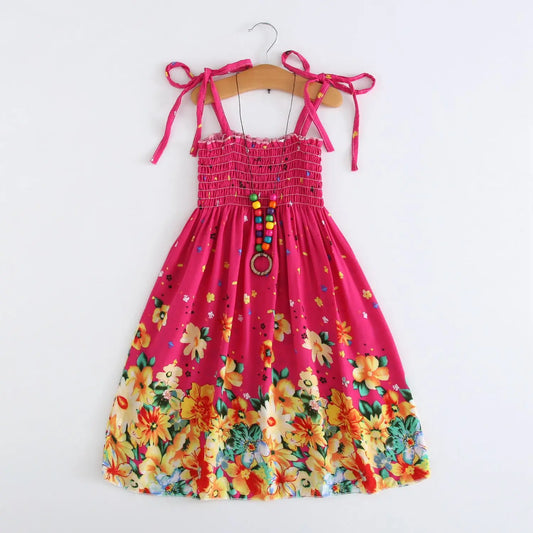Dress up your little one in this playful Summer Girls Floral Sling Ruffles Bohemian Dress with Necklace-with a touch of quirky ruffles and a matching necklace