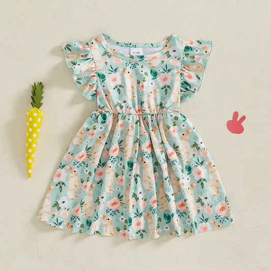 This sweet and playful Summer Toddler Girls Floral Bunny Print Flutter Sleeve Dress is perfect for your little one!