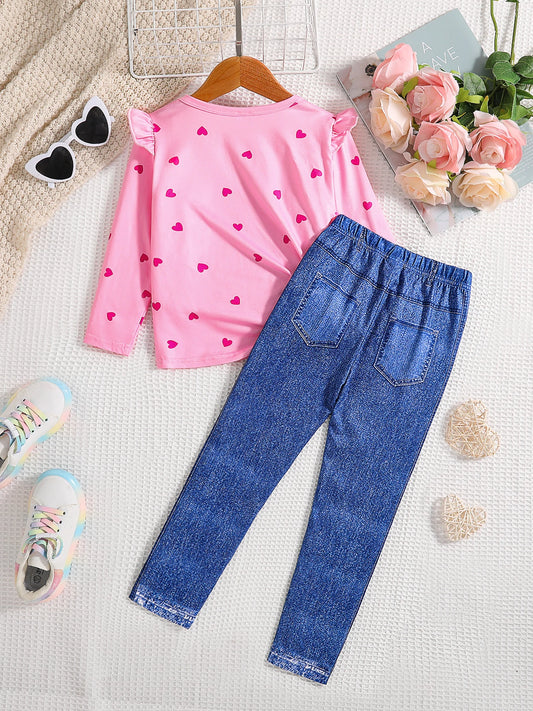 Dress your little fashionista in this adorable Girls Fashion Pink Girl Printed Long Sleeve Top-Denim Pants!