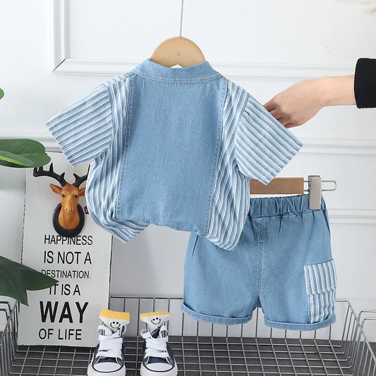 Get your little guy ready for summer in style with our Summer Toddler Boys Fashion Striped Denim Shirt plus Shorts!