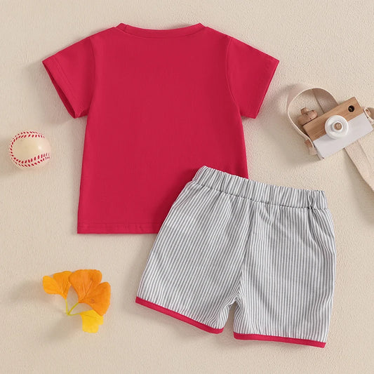 Get your little guy ready for a day of fun in the sun with our Summer Toddler Boys Baseball Pocket T-Shirt Striped Shorts!