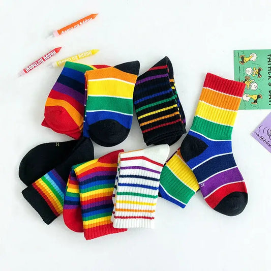 Shop now for the Kids Fashion Rainbow Stripe Breathable Cotton Socks for kids 1-8. Soft, sweat-absorbent, perfect for any season.