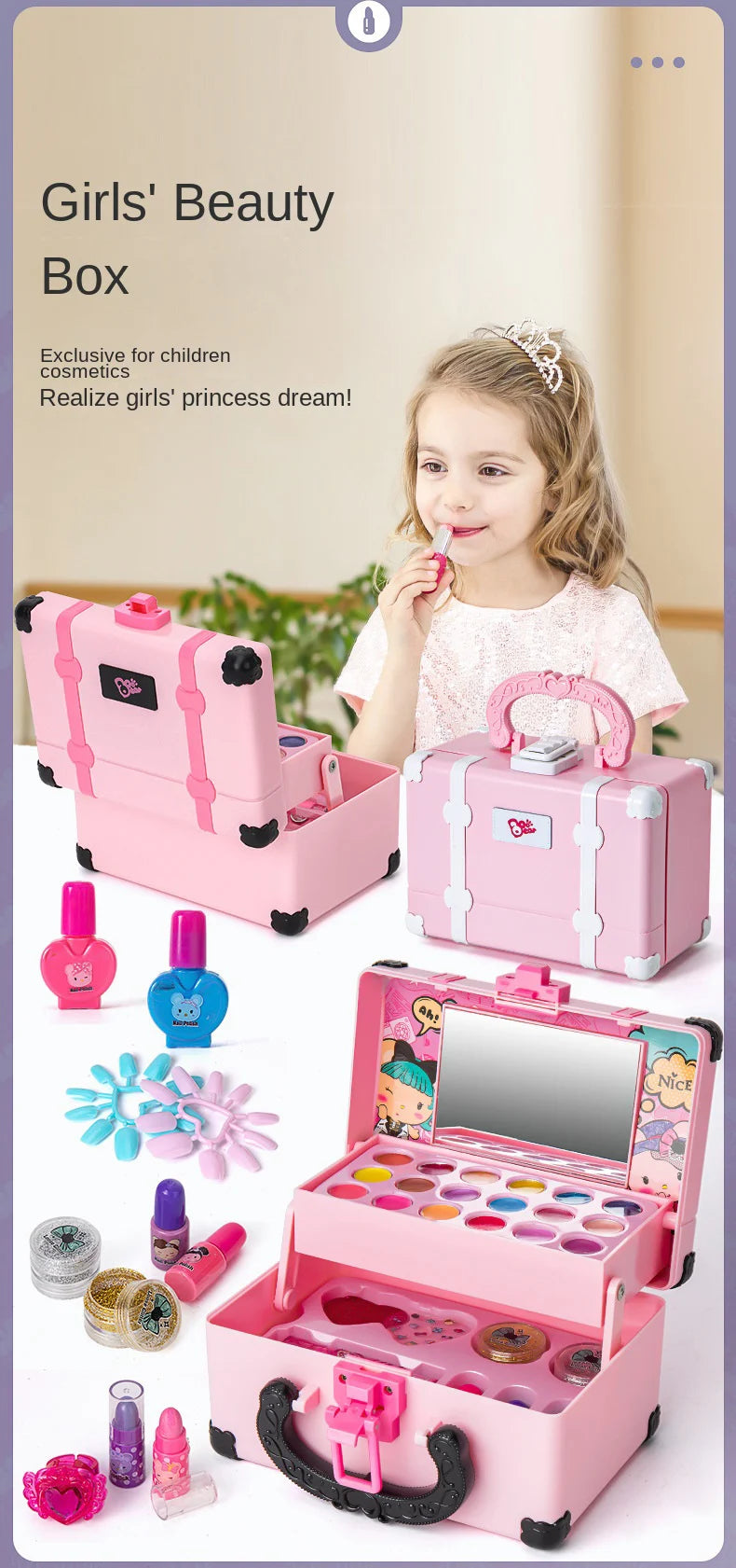 This Girls Pretend Make-Up Beauty Play Set includes everything a little princess could want, from lipstick to nail polish.