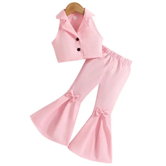 Dress your little one in style an flare with this Girls Sleeveless Lapel Short Top and Solid Flared Pants!