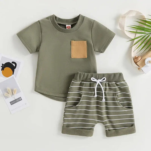 Dress your boy in style with a comfy Toddler Boys Colorblock T-shirt with Striped Shorts. Perfect for summer fun, ages 6m-4y.