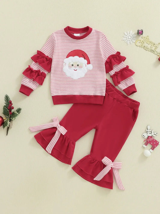 This adorable Toddler Girls Christmas Ruffle Top-Bow Pants-Headband brings the holiday cheer.