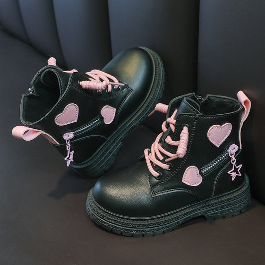 These Girls Cool Love Stitching Side Zipper Cute Short Boots feature cool love stitching to make a fashion statement.