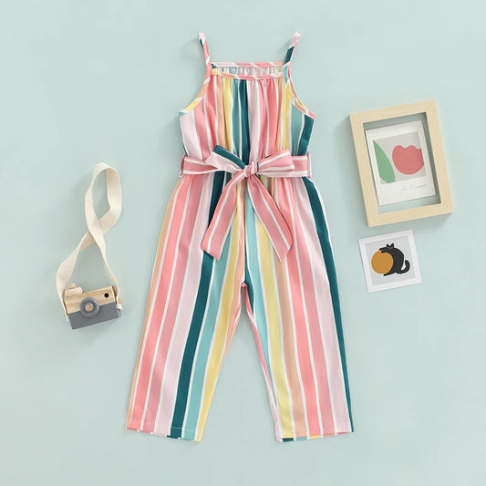This Girls Sleeveless Suspender Jumpsuit with Fashion Stripe combines comfort and style with its breathable cotton fabric and trendy striped pattern.