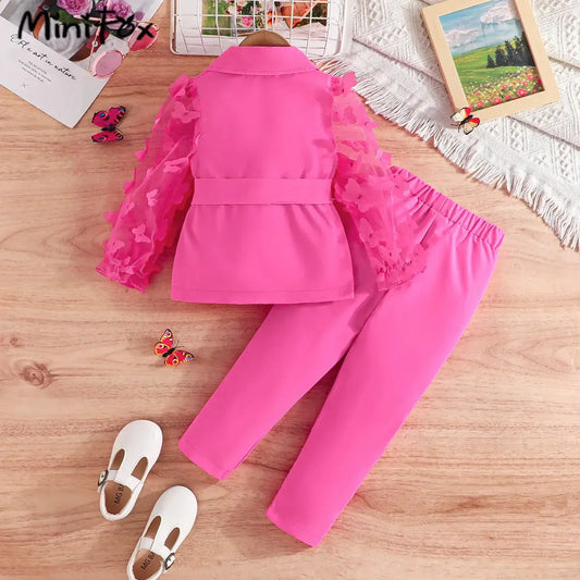 The 100% polyester material is perfect for the season, keeping your little girl comfortable and stylish with this Girls Butterfly Sleeve Blazer Top and Pants