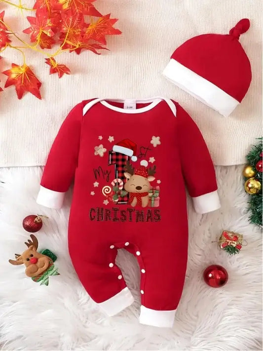 Introduce your little one to the holiday season in style with this adorable Newborn-Infant MY FIRST CHRISTMAS Romper With Hat!