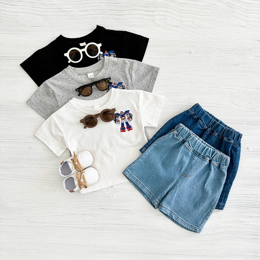 Keep your little guy cool and comfy this summer with this Summer Toddler Boys Robot Embroidery Top with Denim Shorts.
