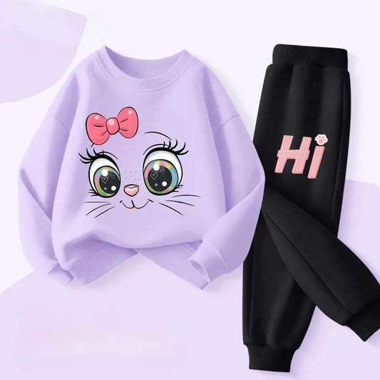 Keep your little one cozy with this playful Girls Fall Kitten Eyes Long Sleeved Pullover-Long Pants featuring a long-sleeved pullover and matching long pants.