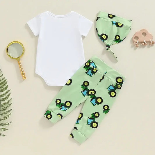 Introducing our Newborn Boys Tractor Print Romper Set- the perfect summer, fall, or spring outfit for your little gentleman!