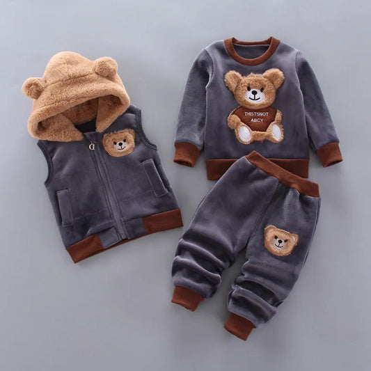 Keep your little one cozy and giggle-ready this winter with our adorable three-piece Toddler Kids Winter Fleece Cartoon Hooded Vest-Coat-Pants!