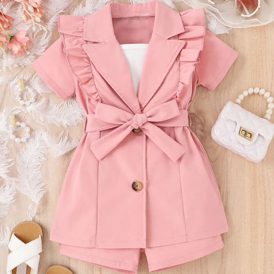 Elevate her style with our cotton-blend Girls Tank Top-Short Sleeved Lapel Suit Jacket and Shorts. Perfect for warm weather in elegant pink. Order today!