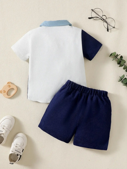Get your little dude summer ready with this trendy Summer Toddler Boys Color Blocked Pit Stripe Top and Shorts!