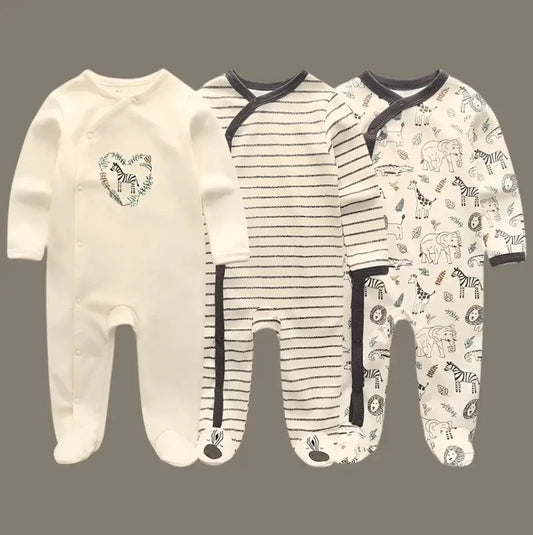 Snuggle up in style with our Newborn Boys-Girls Footed Sleepers 3PK Sets Made with soft, breathable cotton.
