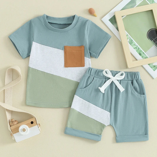 Get your little man ready for summer adventures with our Summer Toddler Boys Contrast Color T-shirt with Shorts!