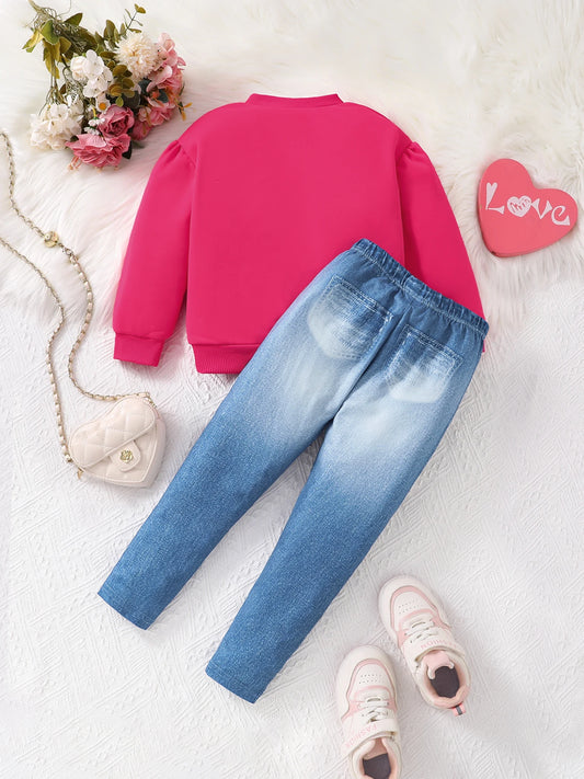 Get your little fashionista ready for autumn adventures with this playful Autumn Girls Fashion Pink Knitted Top-Fashion Denim Pants.