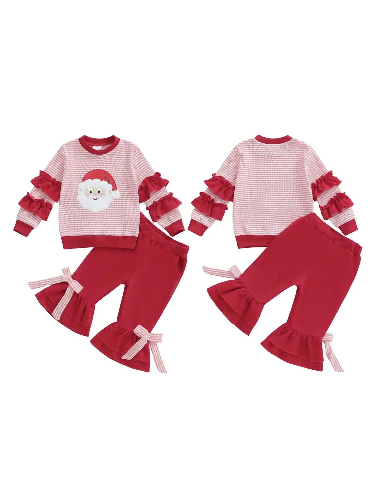 This adorable Toddler Girls Christmas Ruffle Top-Bow Pants-Headband brings the holiday cheer.