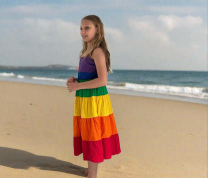 Get ready to make a colorful statement at your little one's birthday party with the Summer Girls Rainbow Birthday Party Dress!