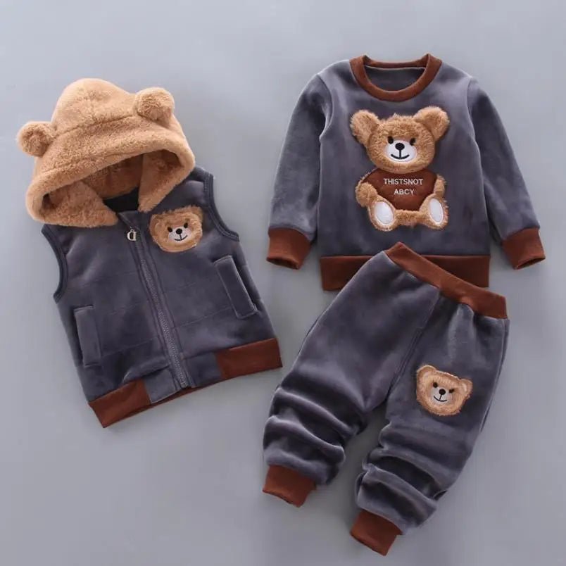 Keep your little one cozy and giggle-ready this winter with our adorable three-piece Toddler Kids Winter Fleece Cartoon Hooded Vest-Coat-Pants! 