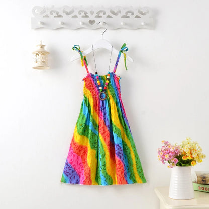 Summer Girls Floral Sling Ruffles Bohemian Dress w/Necklace