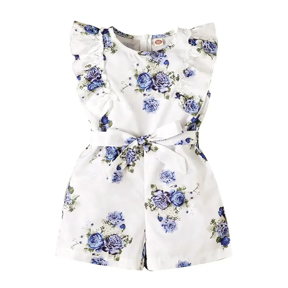 Summer Toddler Girls Sleeveless Belted Floral Print Romper