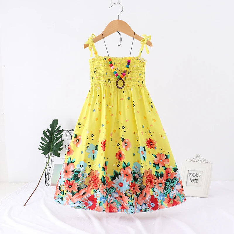 Summer Girls Floral Sling Ruffles Bohemian Dress w/Necklace