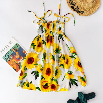 Summer Girls Floral Sling Ruffles Bohemian Dress w/Necklace