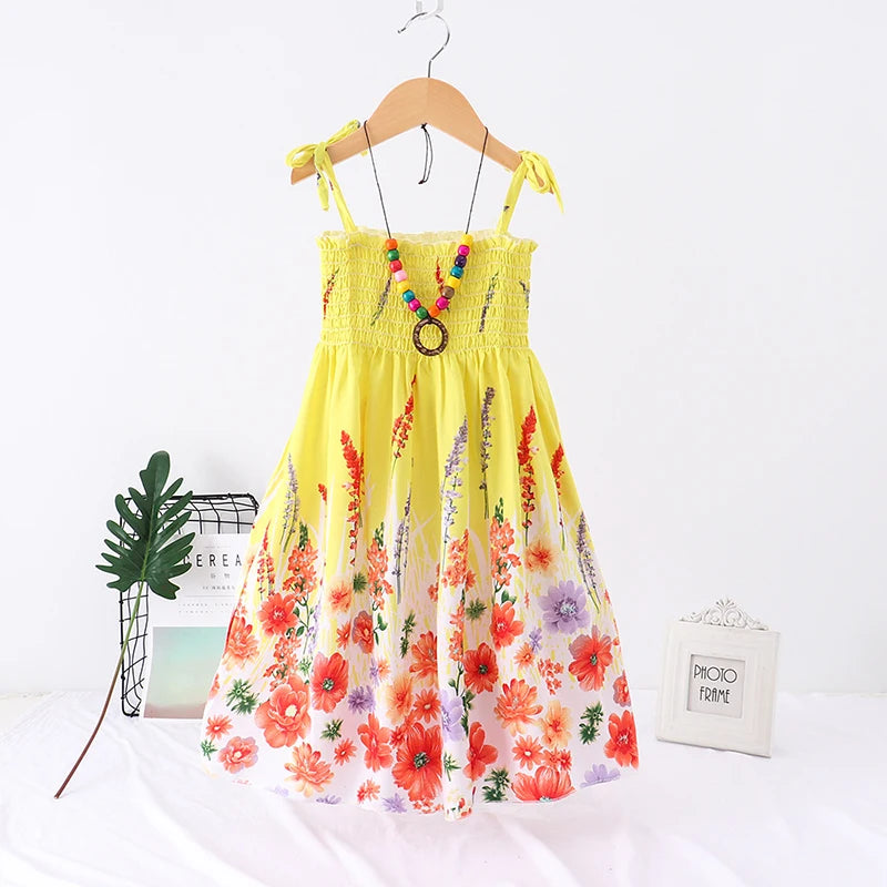 Summer Girls Floral Sling Ruffles Bohemian Dress w/Necklace