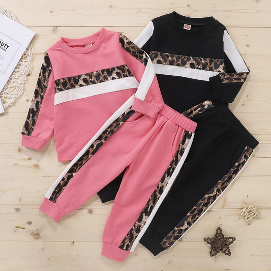 Autumn Toddler Girls Leopard-print Side Long-sleeved Sports Top+Pants