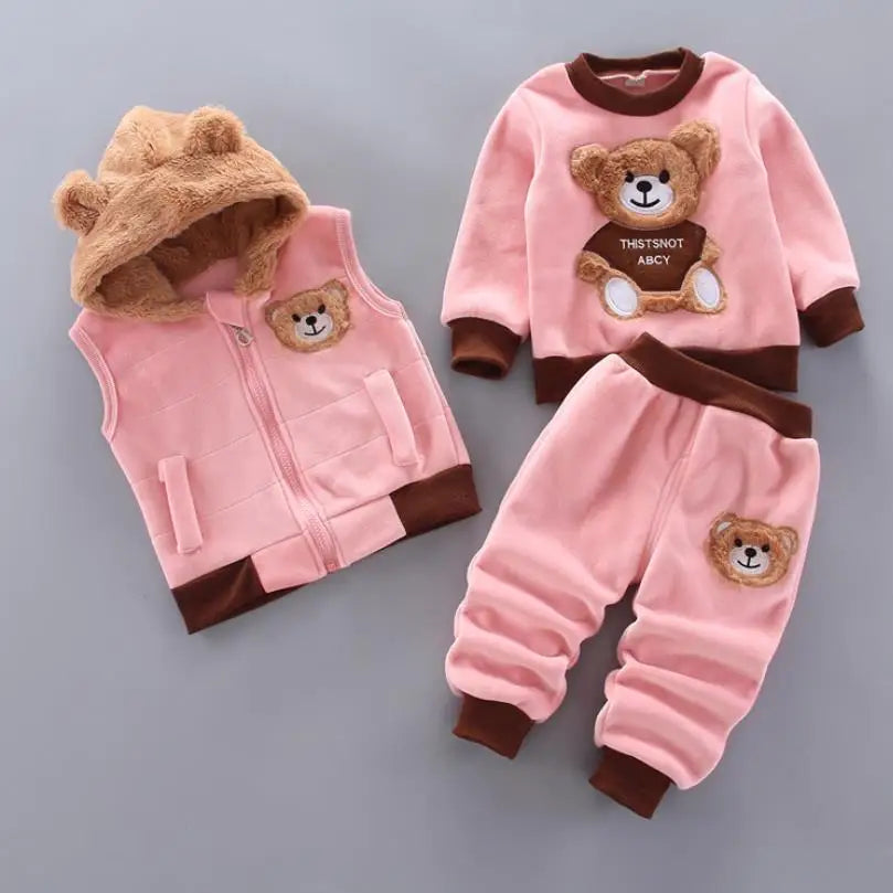 Keep your little one cozy and giggle-ready this winter with our adorable three-piece Toddler Kids Winter Fleece Cartoon Hooded Vest-Coat-Pants! 