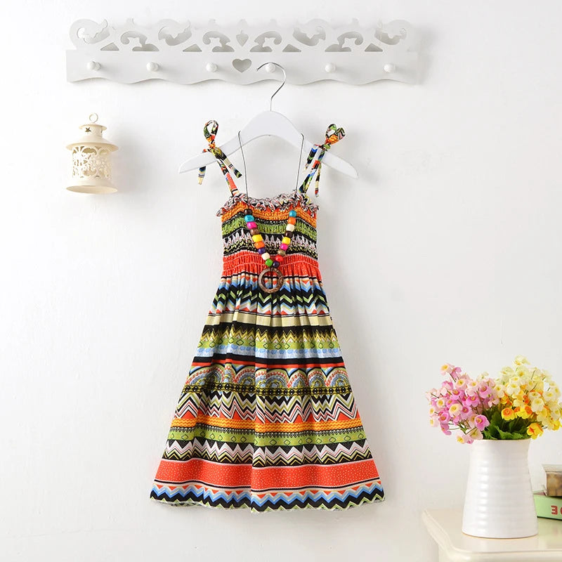 Summer Girls Floral Sling Ruffles Bohemian Dress w/Necklace