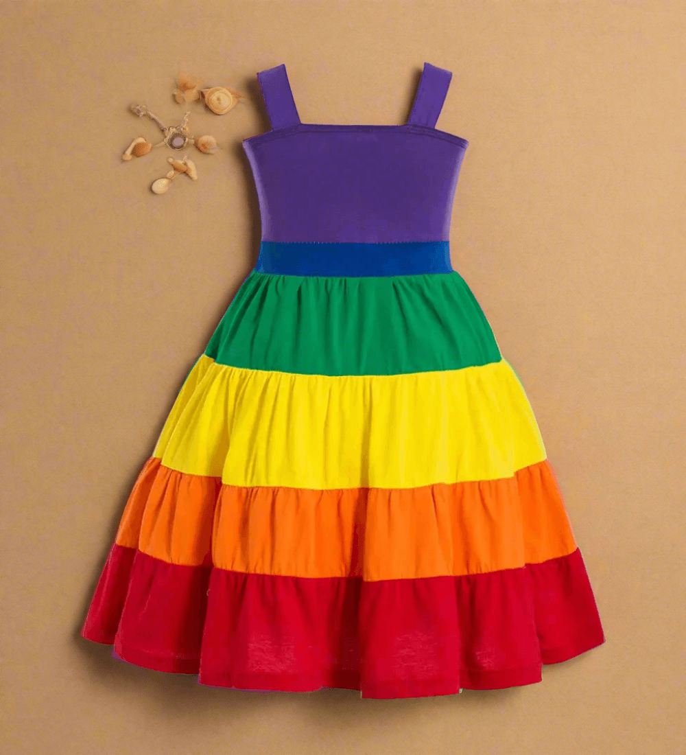 Get ready to make a colorful statement at your little one's birthday party with the Summer Girls Rainbow Birthday Party Dress!