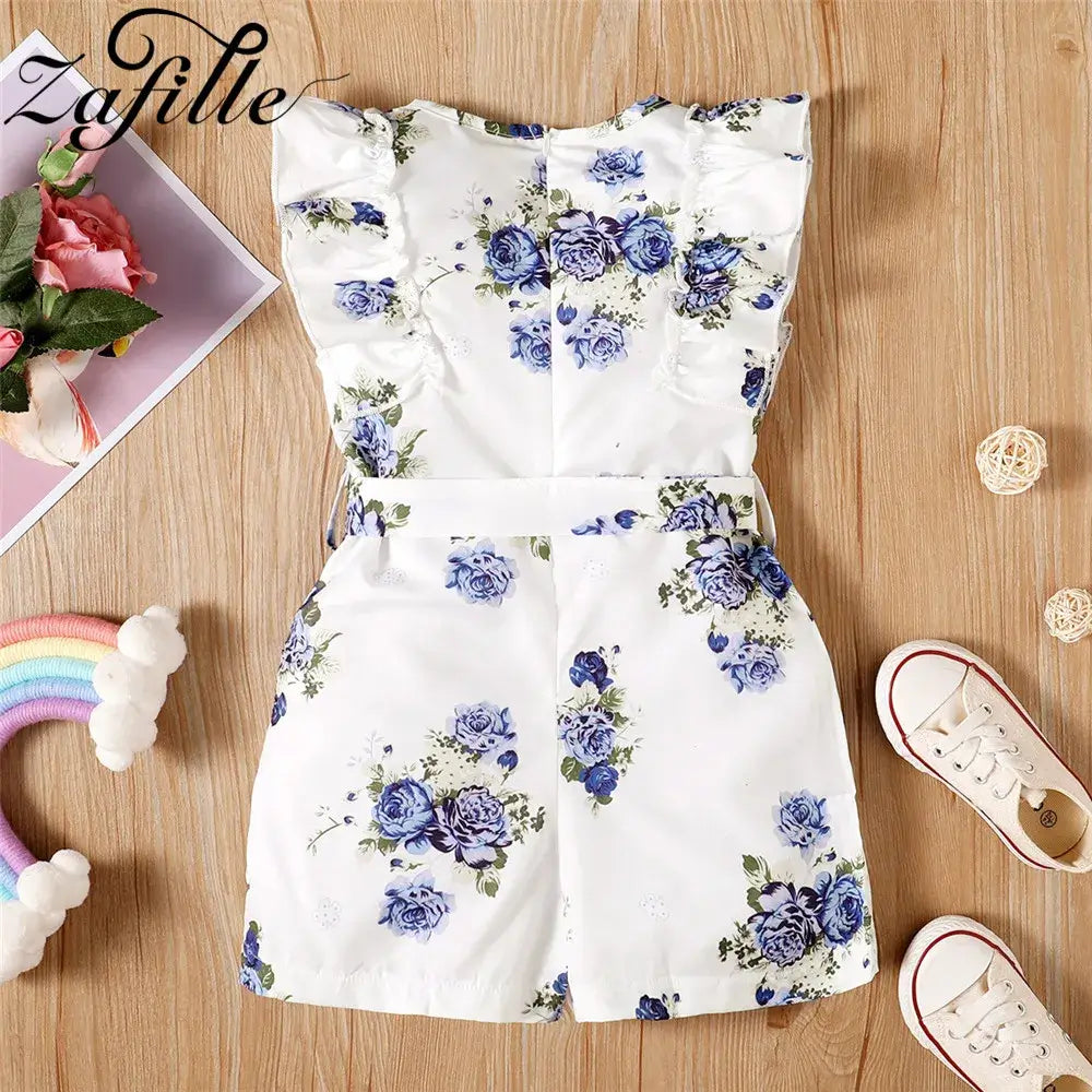 Summer Toddler Girls Sleeveless Belted Floral Print Romper