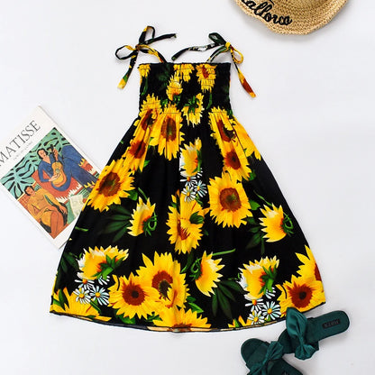 Summer Girls Floral Sling Ruffles Bohemian Dress w/Necklace