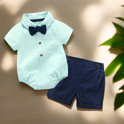 Experience luxury with our Summer Newborn Boys Cotton Gentleman Romper Top+Shorts.