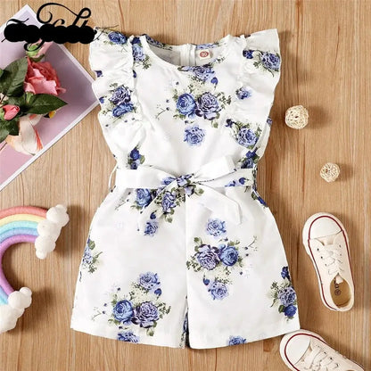 Summer Toddler Girls Sleeveless Belted Floral Print Romper