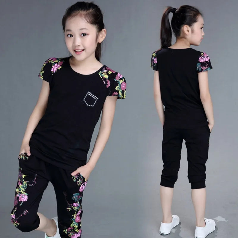 Summer Girls Floral Short Sleeve T-Shirt+Short Pants Set