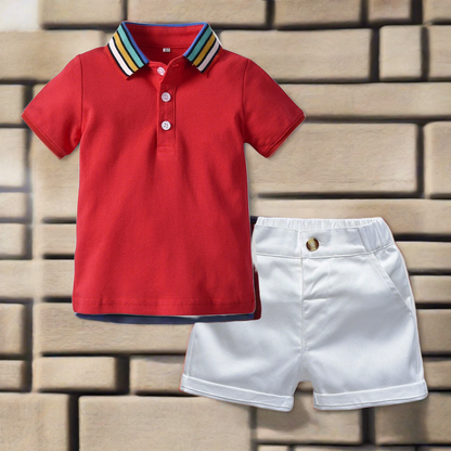 This classic striped collar polo shirt and shorts combo will have them looking sharp and ready to learn (or play!).