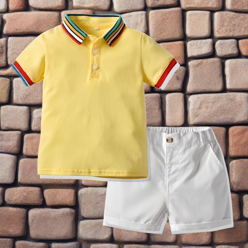 This classic striped collar polo shirt and shorts combo will have them looking sharp and ready to learn (or play!).