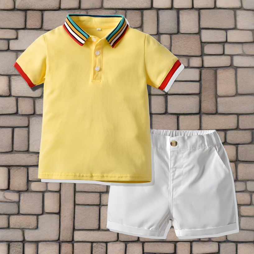 This classic striped collar polo shirt and shorts combo will have them looking sharp and ready to learn (or play!).