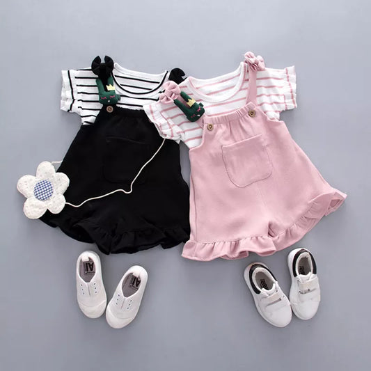  Summer Toddler Girls Striped Top Strap Shorts Set