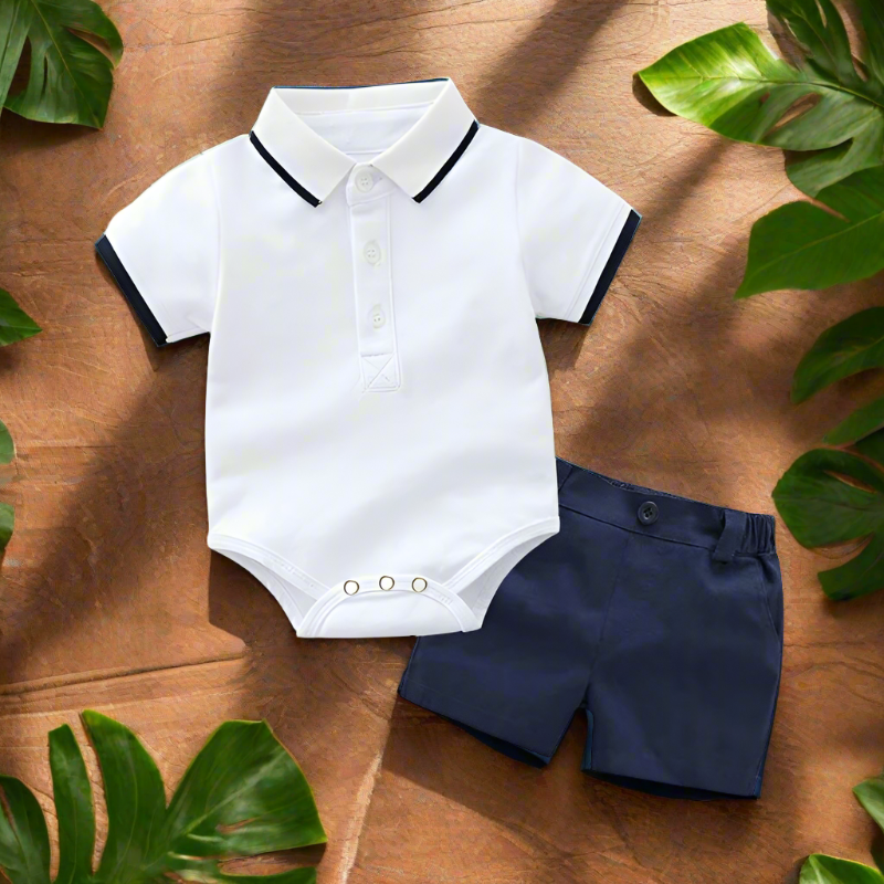 Experience luxury with our Summer Newborn Boys Cotton Gentleman Romper Top+Shorts.