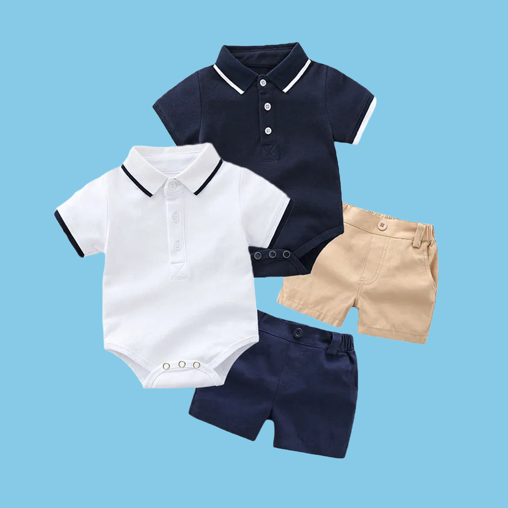 Experience luxury with our Summer Newborn Boys Cotton Gentleman Romper Top+Shorts.