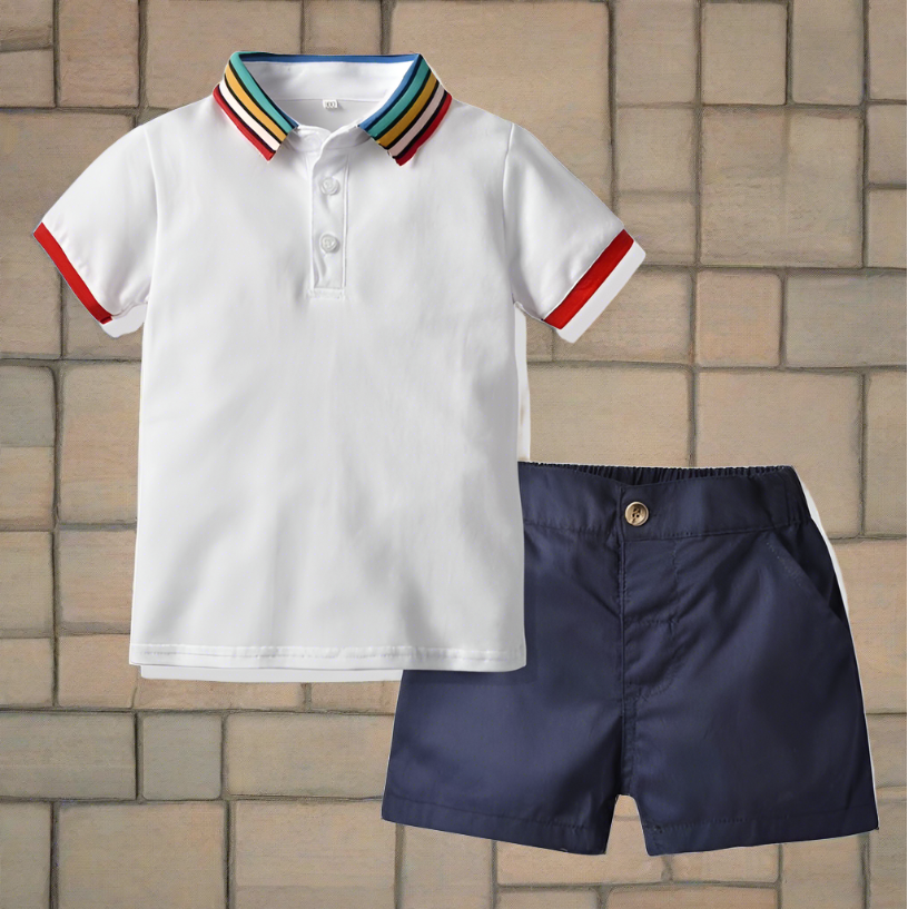 This classic striped collar polo shirt and shorts combo will have them looking sharp and ready to learn (or play!).