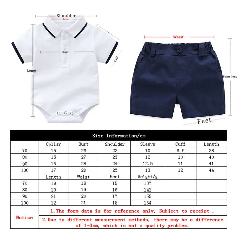 Experience luxury with our Summer Newborn Boys Cotton Gentleman Romper Top+Shorts.